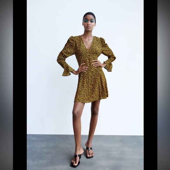 Zara Dresses & Skirts - ZARA Mustard Floral Long Sleeve Dress